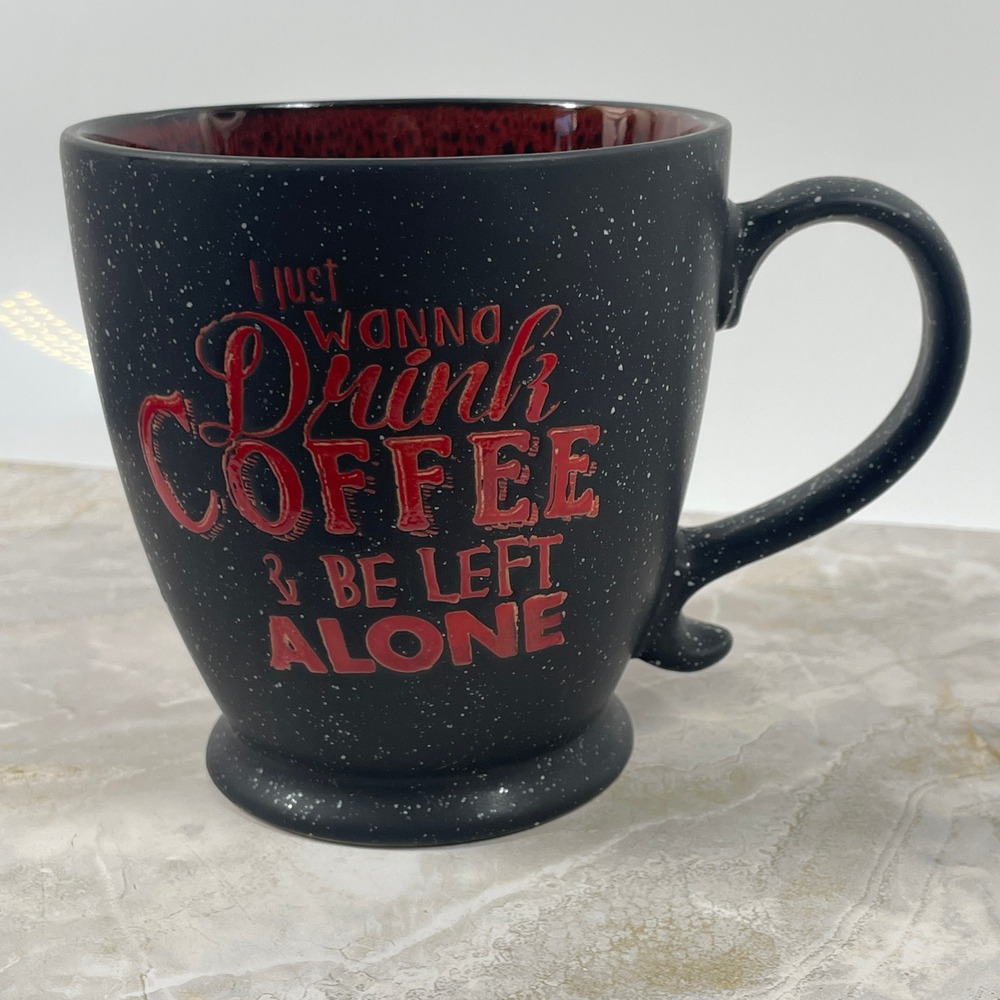 Boston Warehouse Drink Coffee Be Left Alone Mug Black Red Speckled Oversized OS